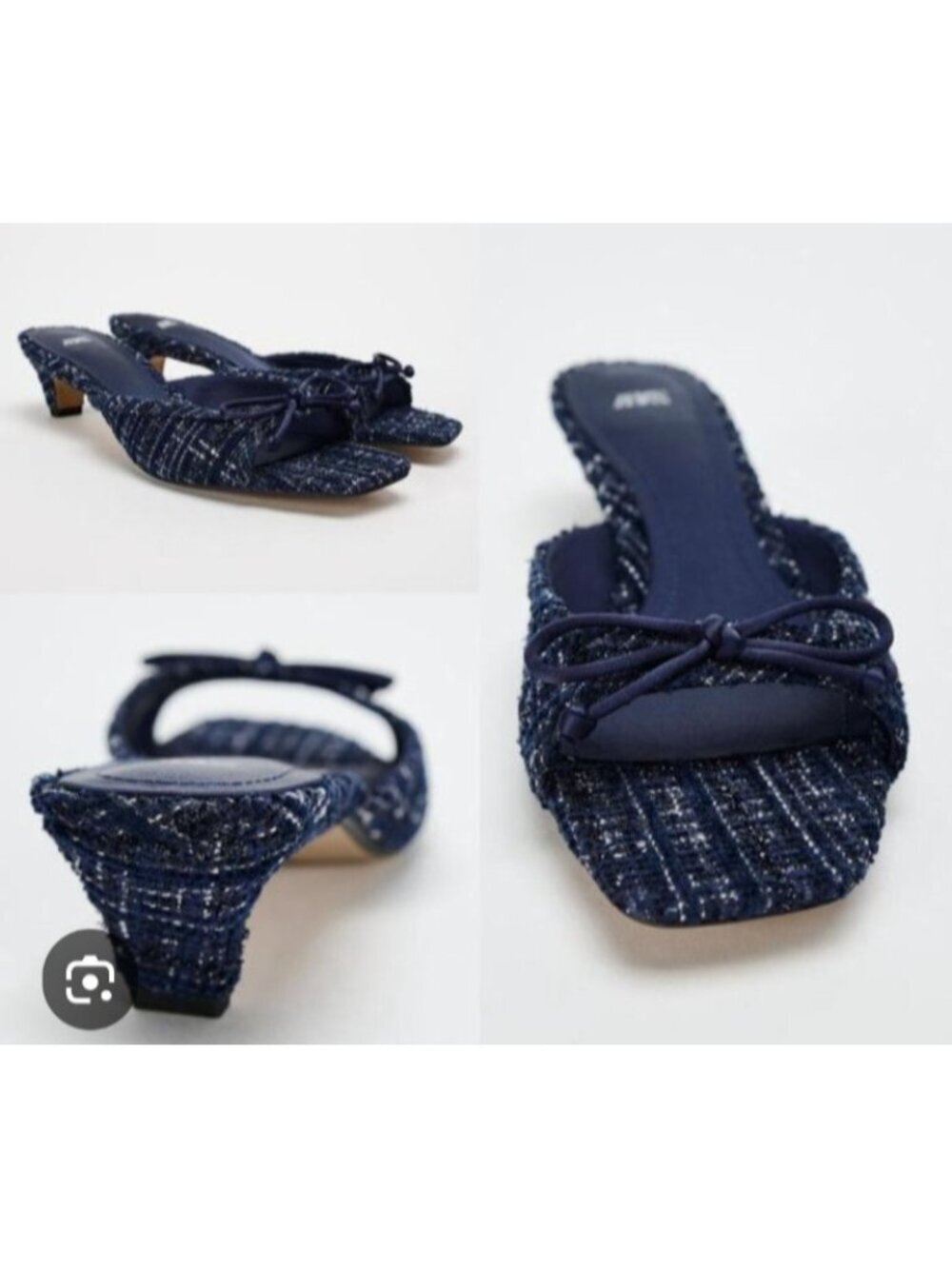 ZARA Blue Tweed Kitten Heel Mules Bow Detail Slip On Shoes Women Size 39EU8.5 US